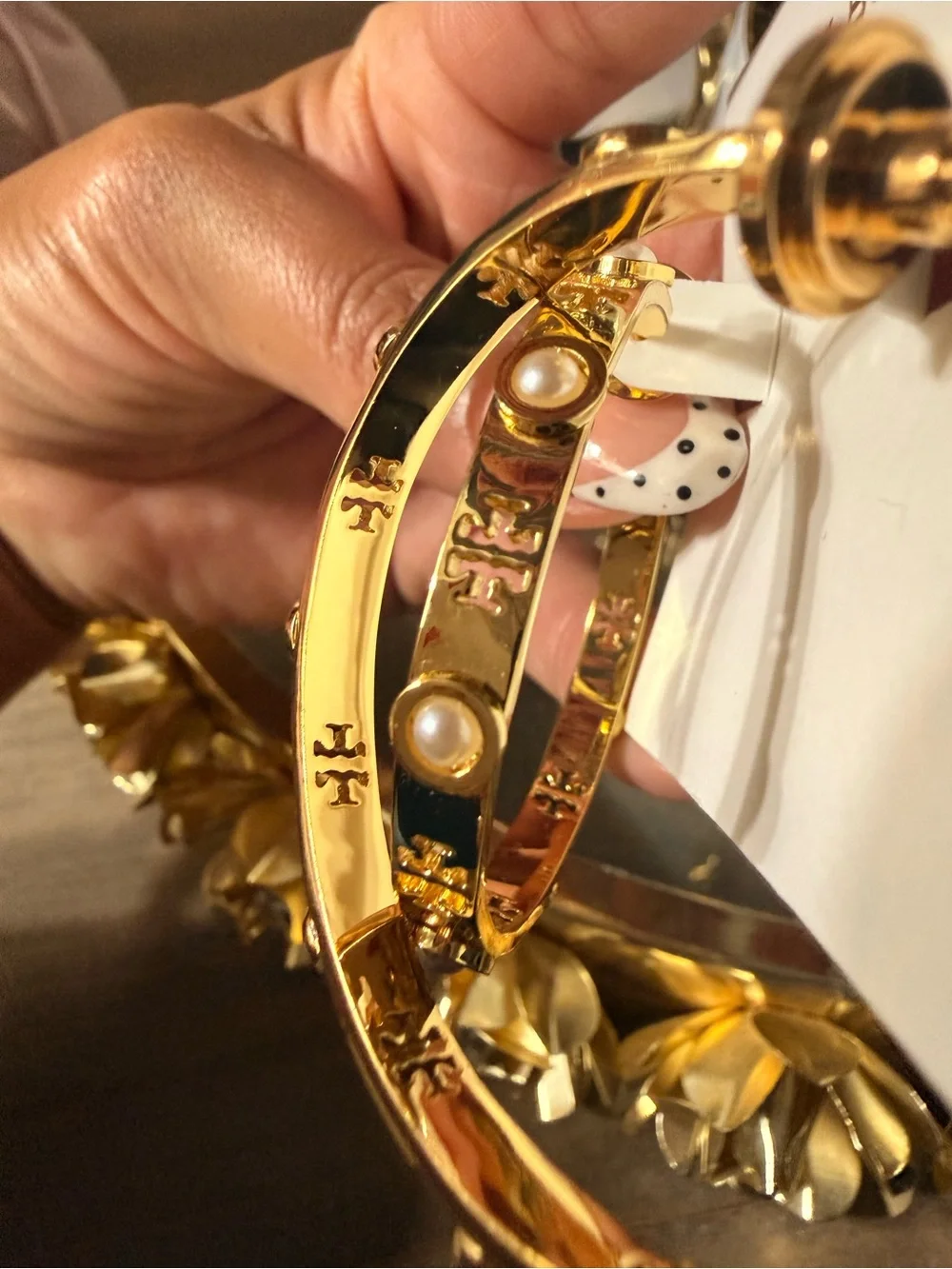Tory Burch Gold-Tone Decorative Hoop Earrings with Logo and Pearls